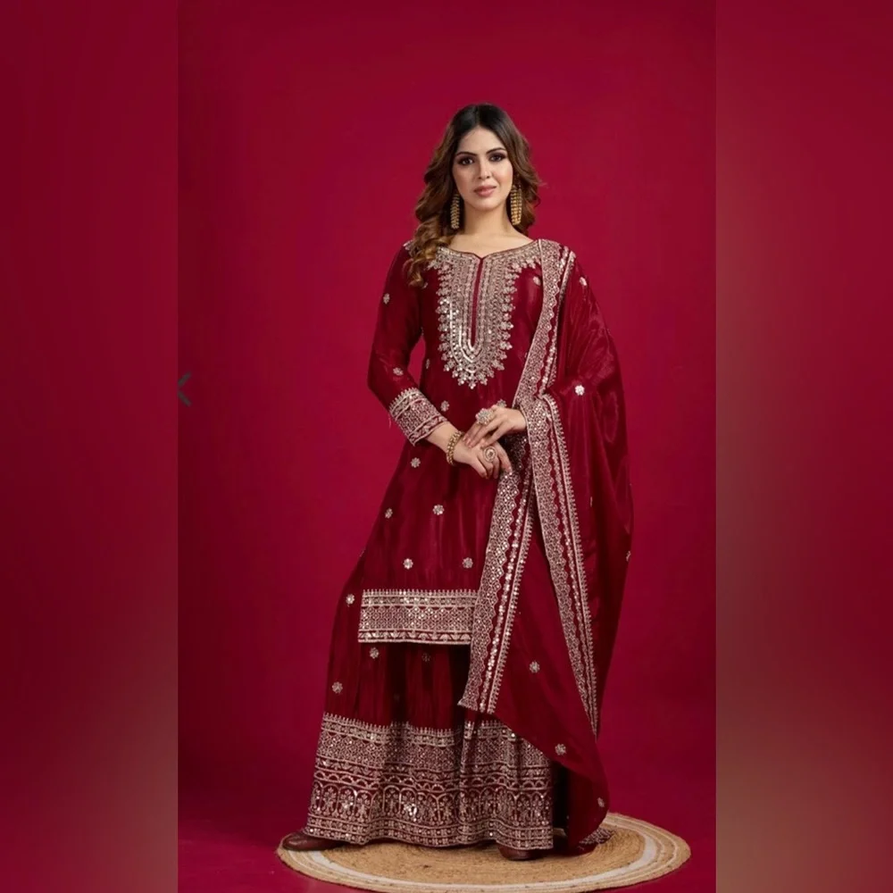 Pakistani/ Indian Maroon Sequin Embroidered Chenderi Top, Sharara Set Dupatta-3 - Picture 3 of 7